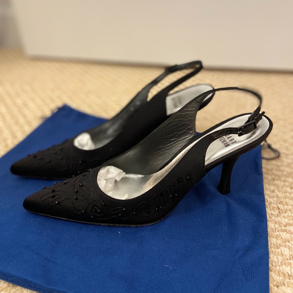 Stuart Weitzman Black Satin Beaded Pumps Sz. 7